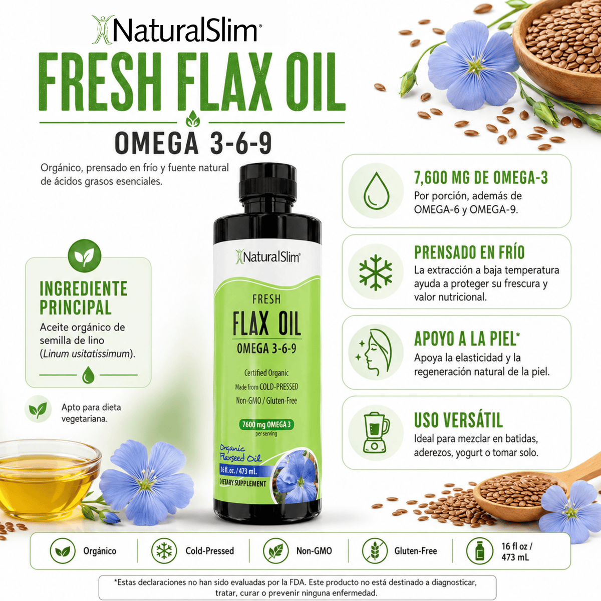 Flax Oil | Aceite de Lino con Omega 3-6-9 - 7,600 mg de ácidos grasos OMEGA-3 por porción El-poder-del-metabolismo-frank-suarez adelgazar naturalmente metabolismotv unimetab candiseptic kit de candida mejorar el metabolismo y la salud