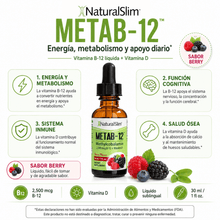 Cargar imagen en el visor de la galería, METAB-12® | Liquid Vitamin B-12 (methylcobalamin) + Vitamin D | Vitamina B-12 y D El-poder-del-metabolismo-frank-suarez adelgazar naturalmente metabolismotv unimetab candiseptic kit de candida mejorar el metabolismo y la salud