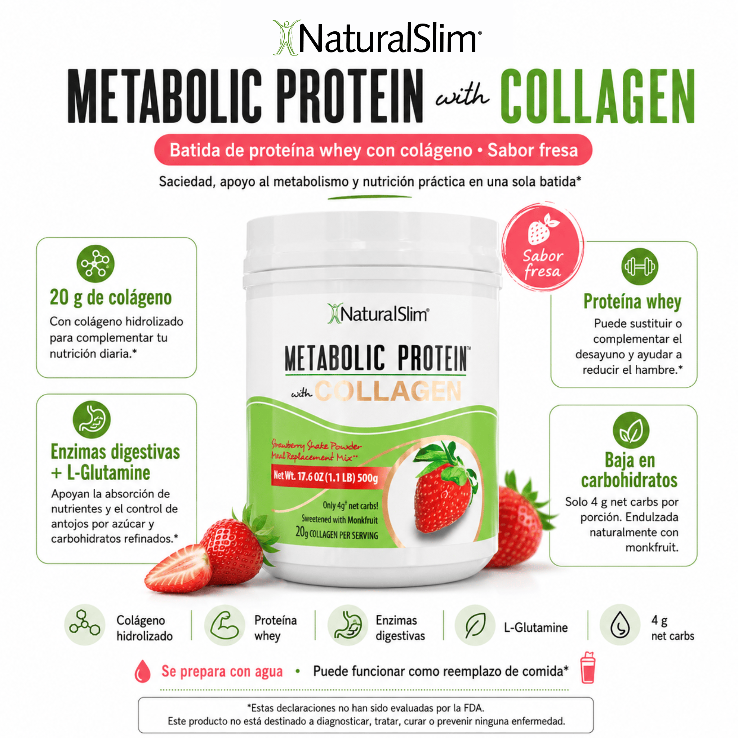 METABOLIC PROTEIN® with COLLAGEN - STRAWBERRY | Batida de proteína de “whey” sabor a Fresa con Colágeno El-poder-del-metabolismo-frank-suarez adelgazar naturalmente metabolismotv unimetab candiseptic kit de candida mejorar el metabolismo y la salud