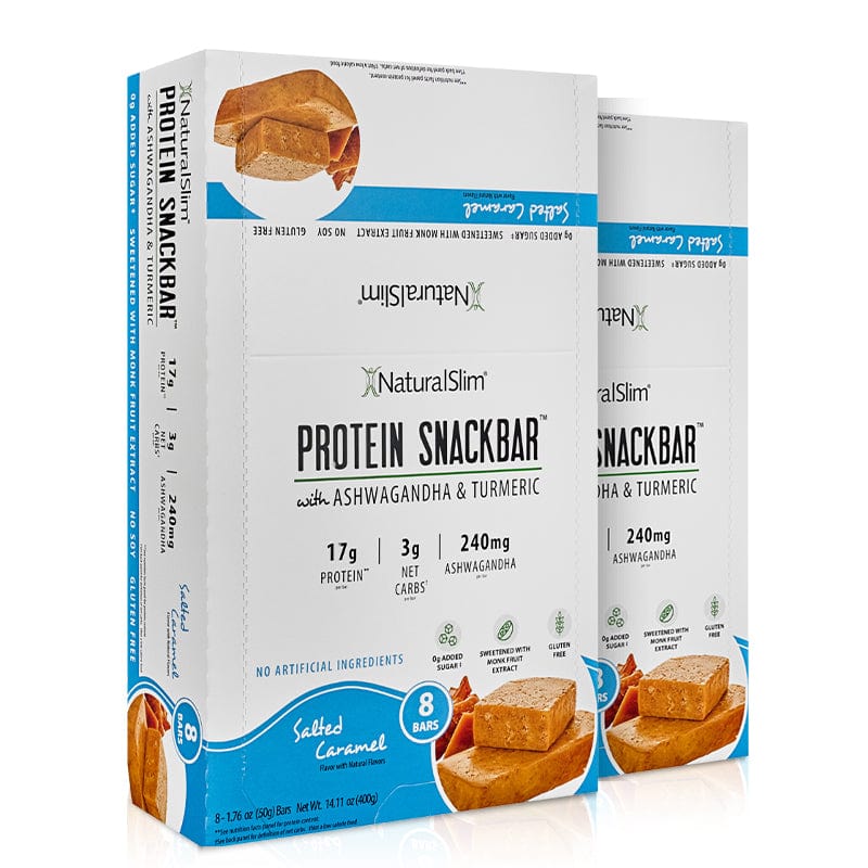 (2) Cajas NaturalSlim® Protein Snackbar™ Salted Caramel | Barras de proteína con 240mg de Ashwagandha y Cúrcuma El-poder-del-metabolismo-frank-suarez adelgazar naturalmente metabolismotv unimetab candiseptic kit de candida mejorar el metabolismo y la salud