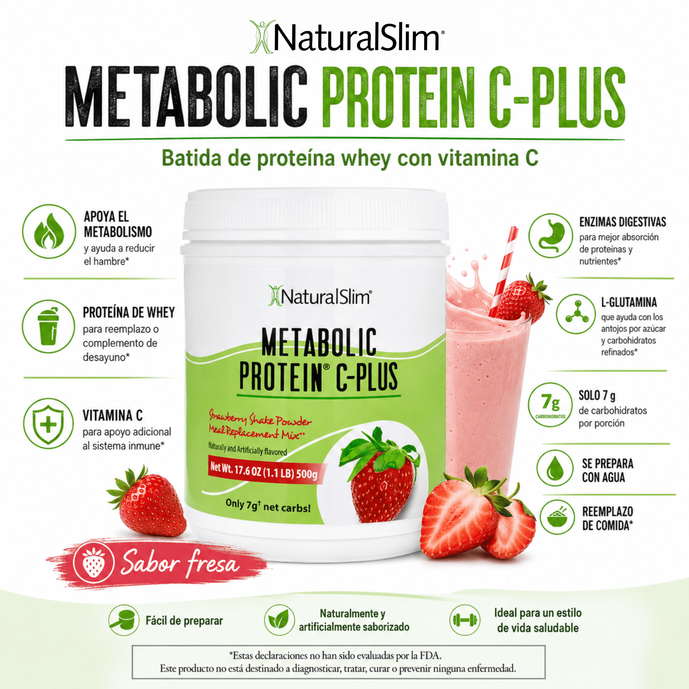 Metabolic Protein® C-Plus Strawberry | Batida de proteína de “whey” reforzada con Vitamina C de fresa El-poder-del-metabolismo-frank-suarez adelgazar naturalmente metabolismotv unimetab candiseptic kit de candida mejorar el metabolismo y la salud