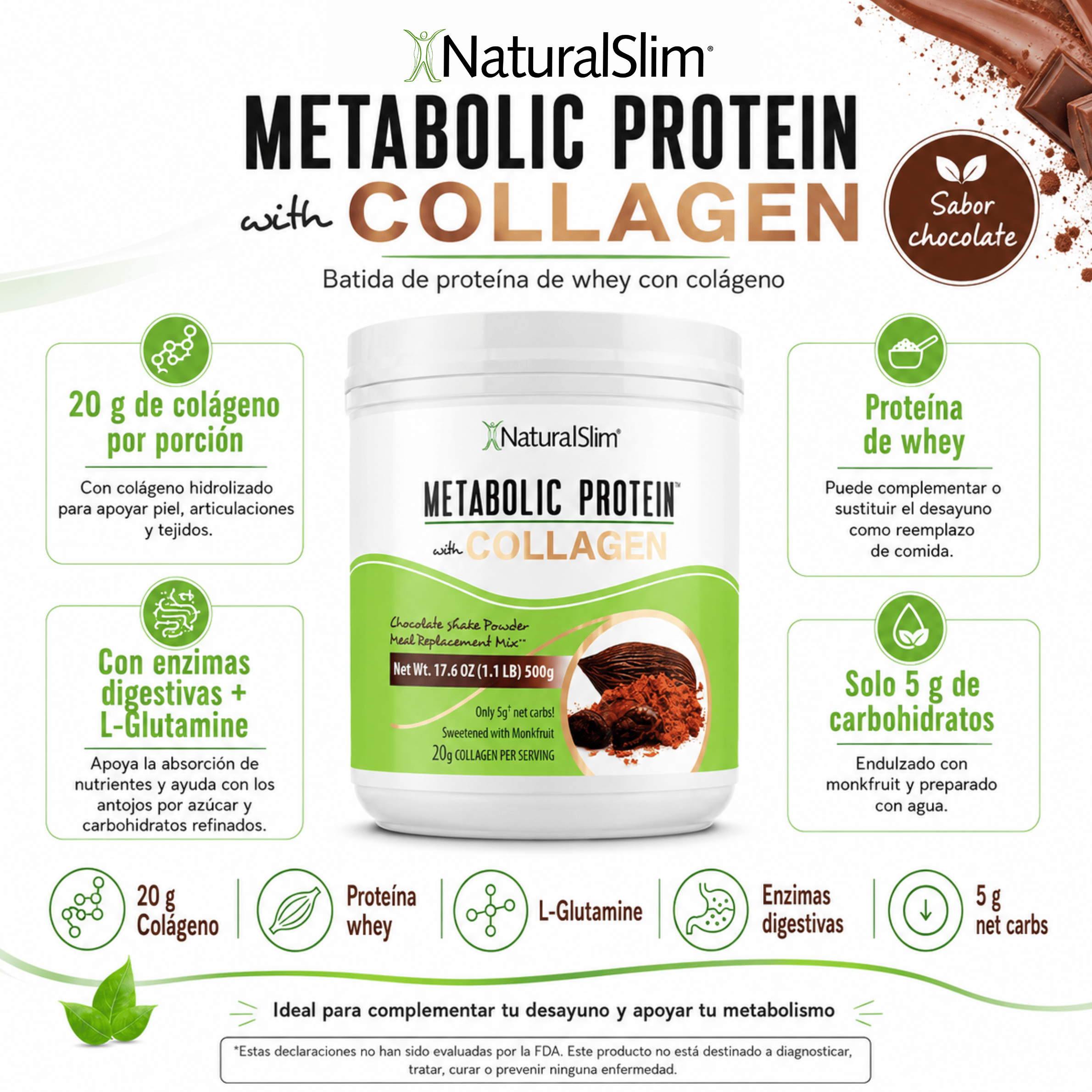 METABOLIC PROTEIN® with COLLAGEN CHOCOLATE -  Batida de proteína de “whey” sabor a Chocolate con Colágeno El-poder-del-metabolismo-frank-suarez adelgazar naturalmente metabolismotv unimetab candiseptic kit de candida mejorar el metabolismo y la salud