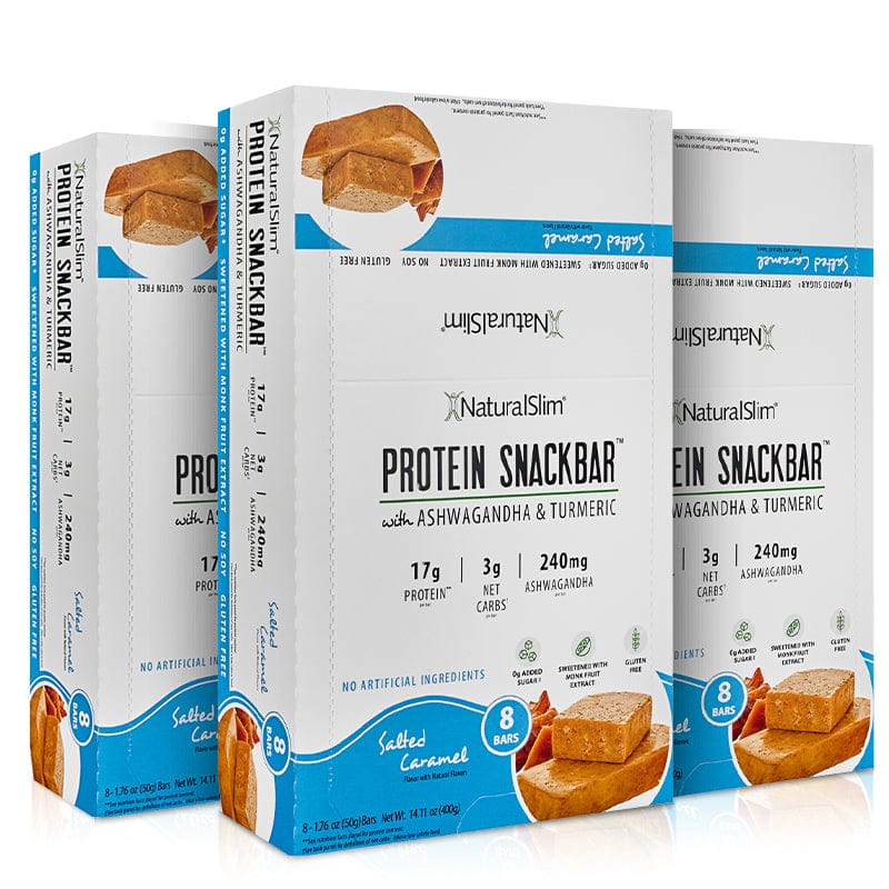 (3) Cajas NaturalSlim® Protein Snackbar™ Salted Caramel | Barras de proteína con 240mg de Ashwagandha y Cúrcuma El-poder-del-metabolismo-frank-suarez adelgazar naturalmente metabolismotv unimetab candiseptic kit de candida mejorar el metabolismo y la salud